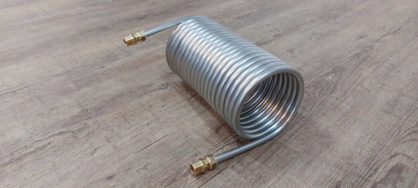 Spirale aus 2,5m bis 10m Edelstahlrohr 8x1mm AISI 316L EN 1.4404 mit Innend. ca. 104mm inkl. 1/4" AG Anschluss