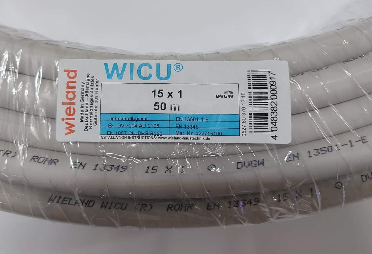 15x1mm WICU (R) Wieland Kupferrohr WEICH Ring 15x1mm UMMANTELT als 5m 10m 15m 20m 25m DIN EN13349