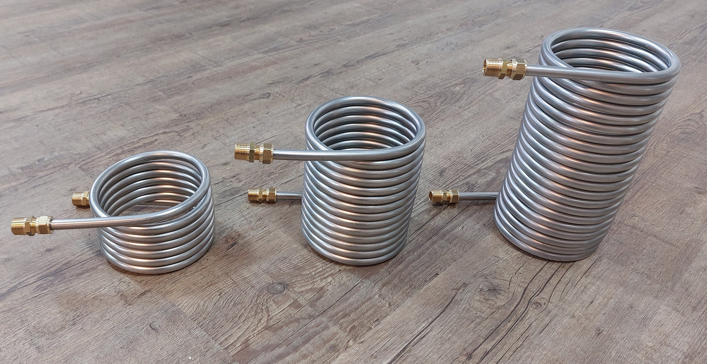 Spirale aus 2,5m bis 10m Edelstahlrohr 8x1mm AISI 316L EN 1.4404 mit Innend. ca. 104mm inkl. 1/4" AG Anschluss