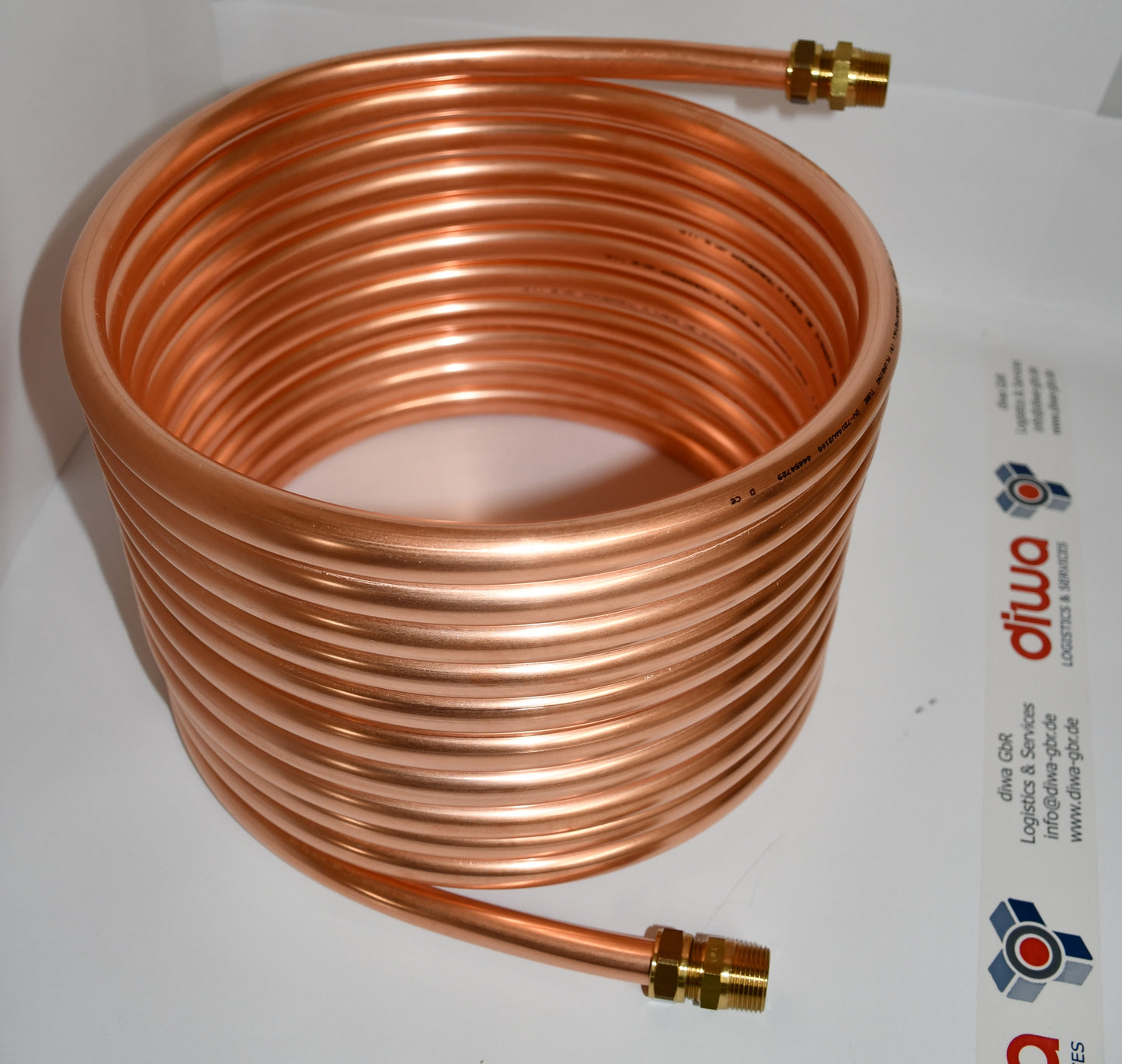 Spirale aus 10m Kupferrohr 15x1mm 10m mit Außendurchmesse ca. 31cm mit 3/4" AG Anschluss