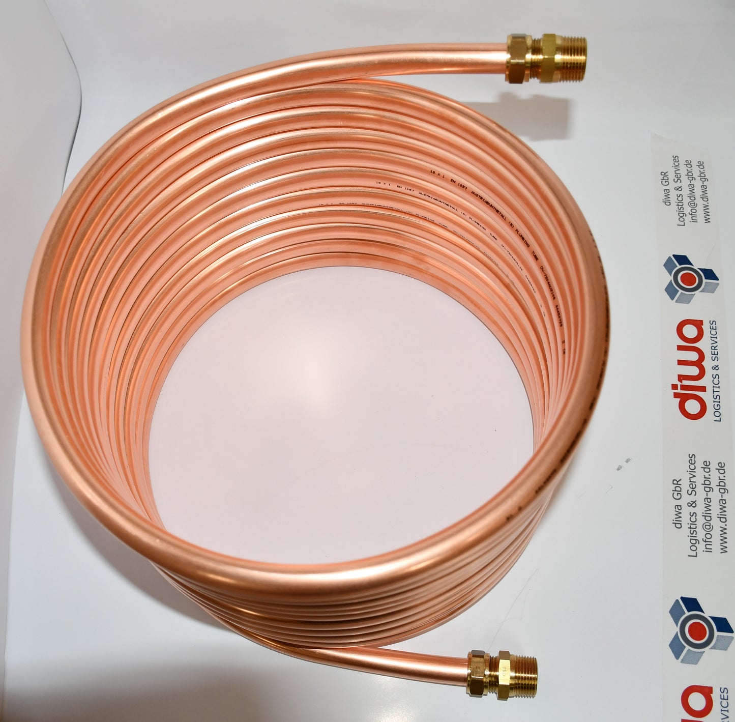 Spirale aus 10m Kupferrohr 15x1mm 10m mit Außendurchmesse ca. 31cm mit 3/4" AG Anschluss