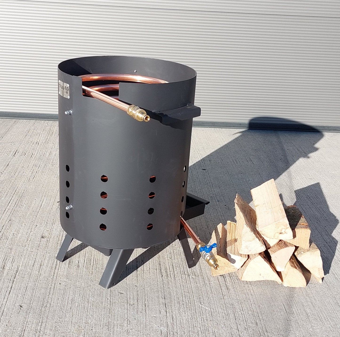 Poolheizung Feuertonne Außen-Ø 40cm mit Spirale Kupferrohr 18x1mm 15m für Gardena Anschluss