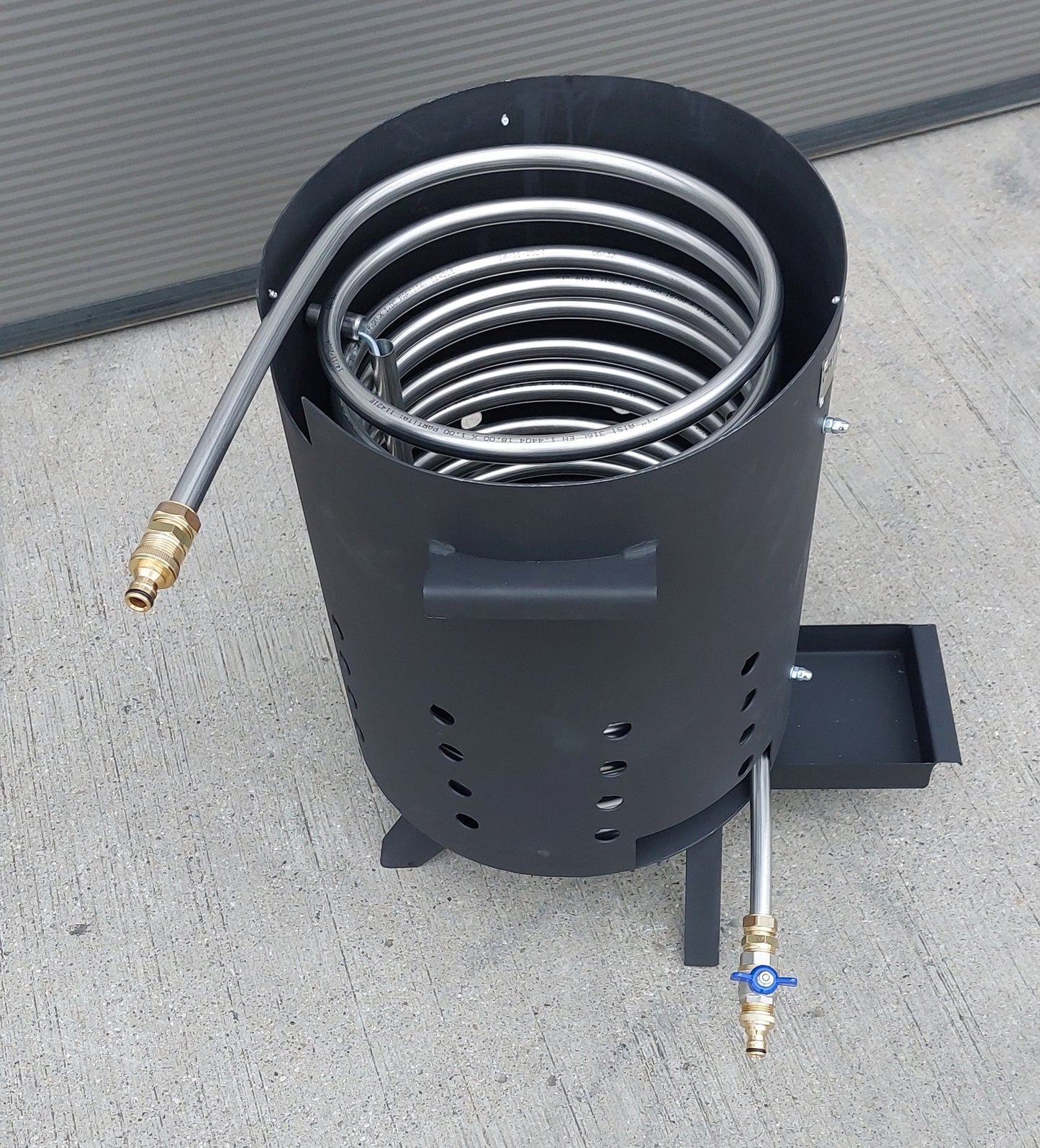 Poolheizung Feuertonne mit 15m Spirale Edelstahlrohr 18x1mm AISI 316L mit Gardena Anschluss