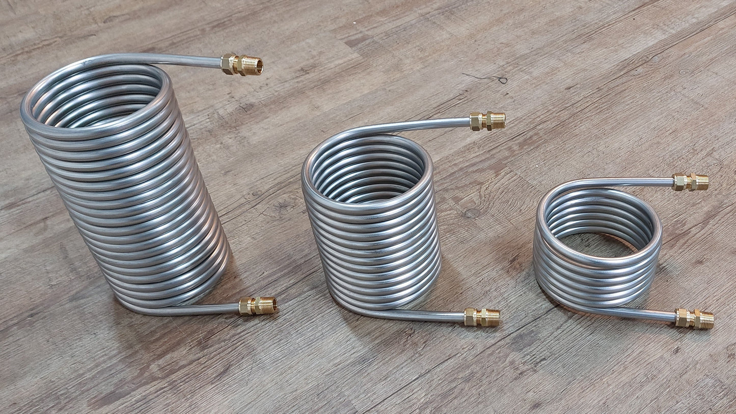 Spirale aus 2,5m bis 10m Edelstahlrohr 8x1mm AISI 316L EN 1.4404 mit Innend. ca. 104mm inkl. 1/4" AG Anschluss