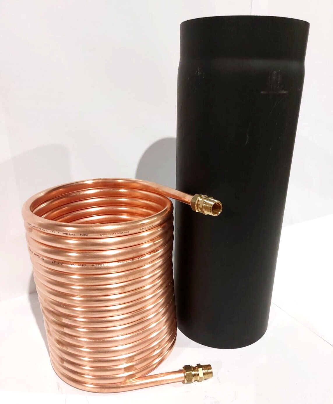 Spirale aus 10 Meter Kupferrohr 15x1mm für OFENROHR 180mm mit Innendurchmesser ca. 184mm und 1/2" An