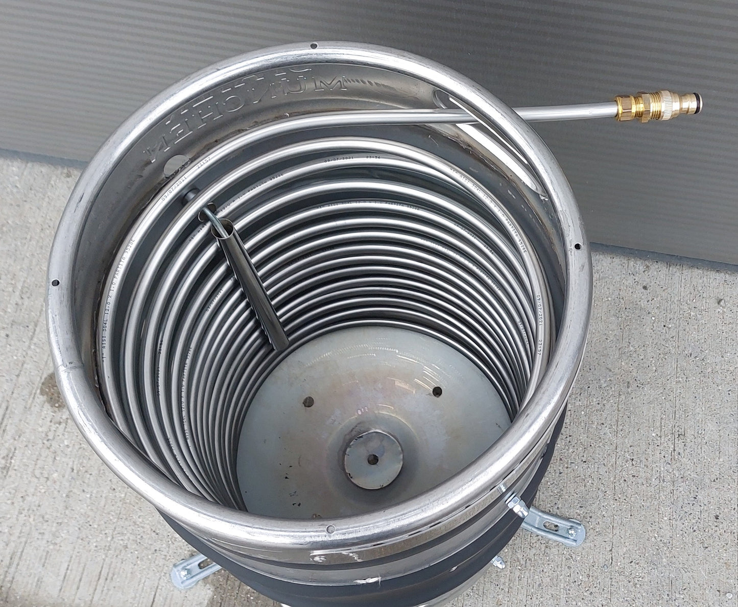 Poolheizung EDELSTAHL Feuertonne mit Spirale Edelstahlrohr 12x1mm 15m inkl. 32mm Poolschlauch Anschluss