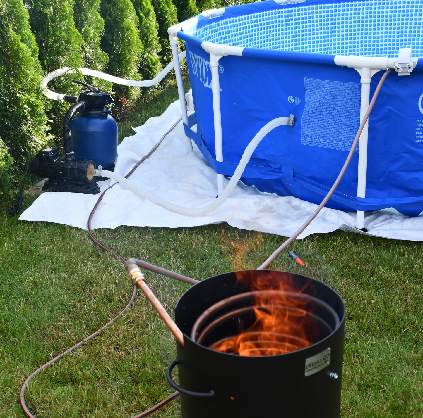 Poolheizung Feuertonne Außen-Ø 40cm mit Spirale Kupferrohr 18x1mm 15m für Gardena Anschluss