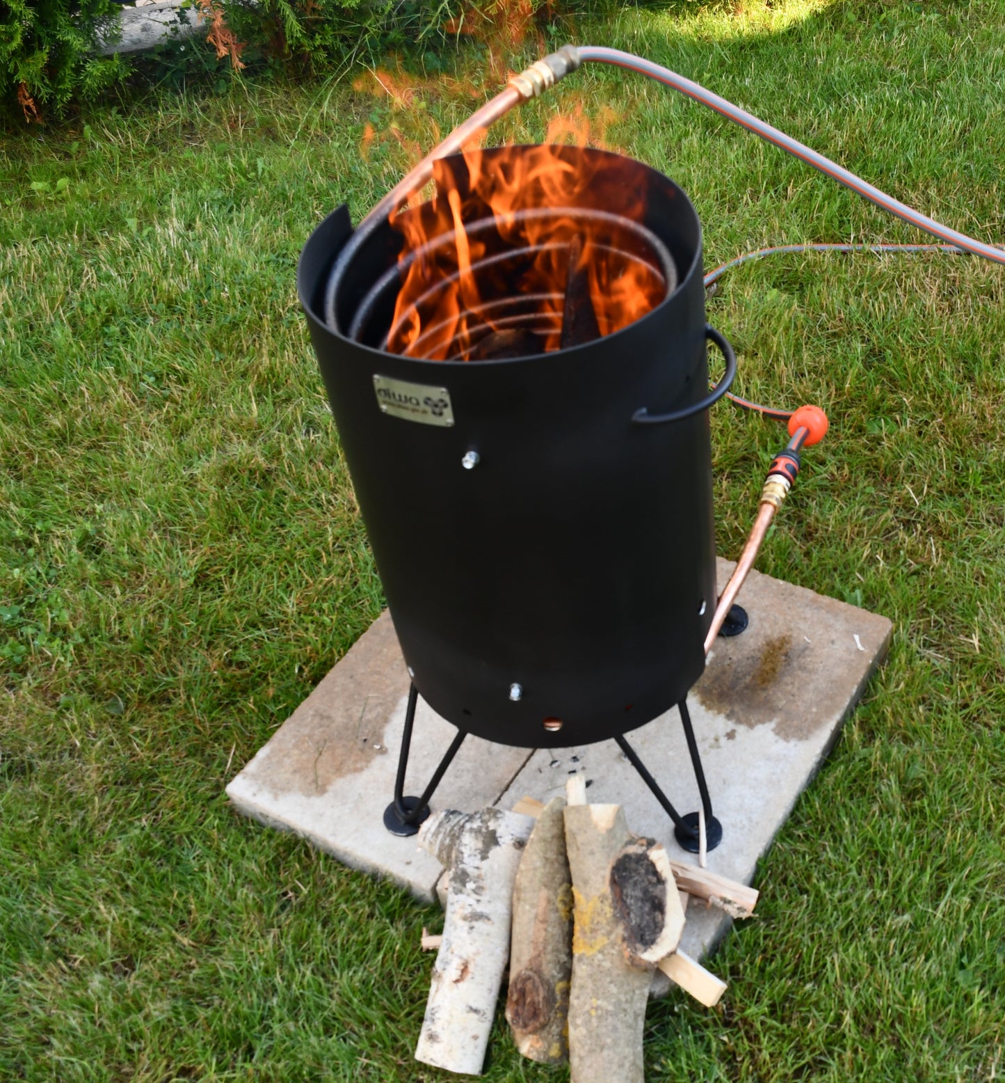 Poolheizung Feuertonne Außen-Ø 63cm mit Spirale 50m Kupferrohr 15x1mm für 32er Poolschlauch