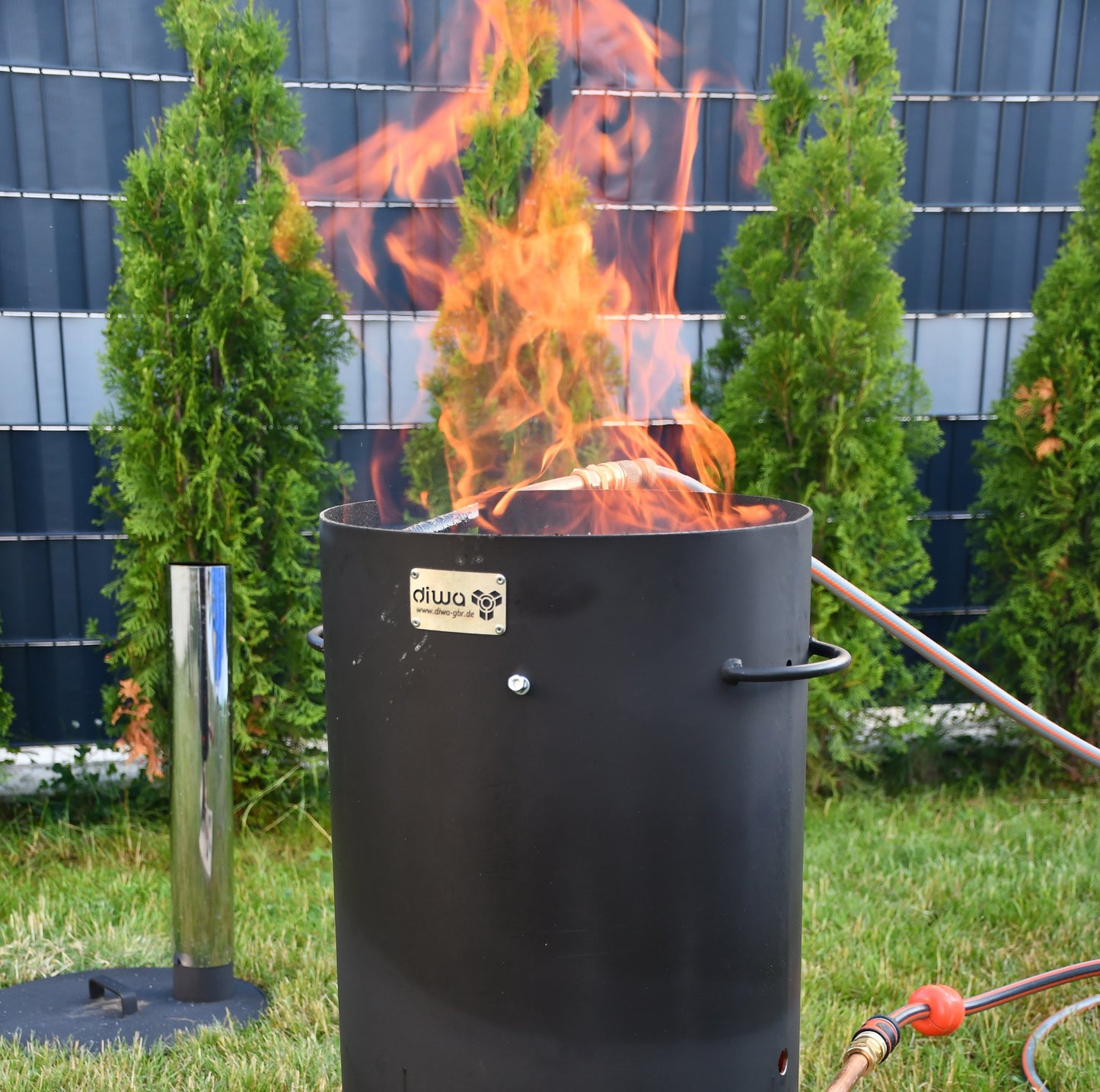 Poolheizung Feuertonne Außen-Ø 40cm mit Spirale Kupferrohr 18x1mm 15m für Gardena Anschluss