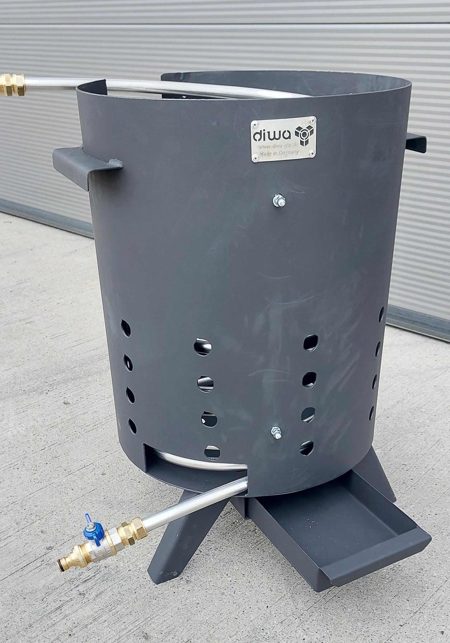 Poolheizung Feuertonne mit 15m Spirale Edelstahlrohr 18x1mm AISI 316L mit GARDENA ANSCHLUSS inkl. DECKEL