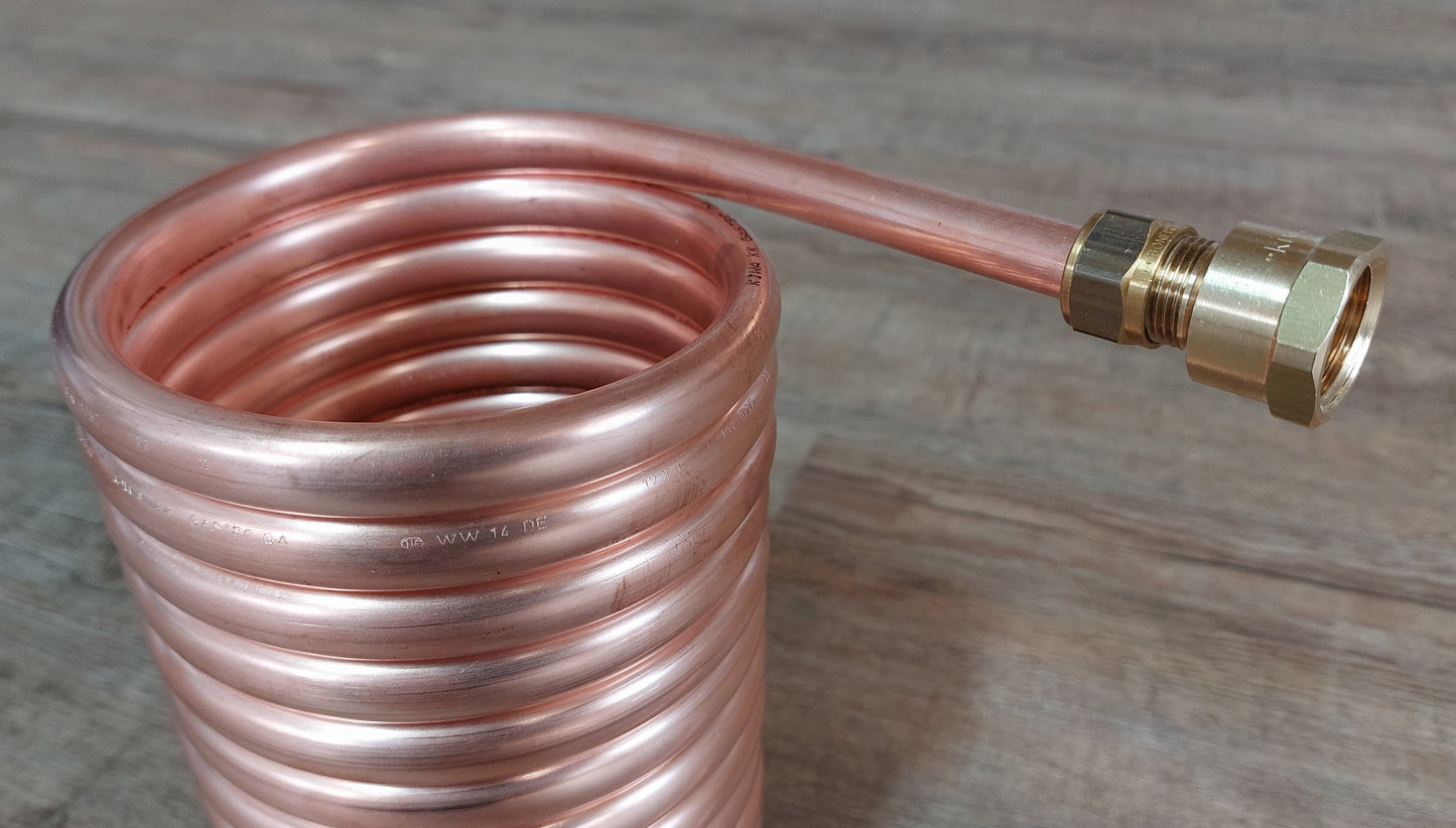Spirale Kupferrohr 15x1mm für OFENROHR 150mm 5m - 25m Innendurchm. ca. 154mm mit 1/2", 3/4" AG + IG Anschluss