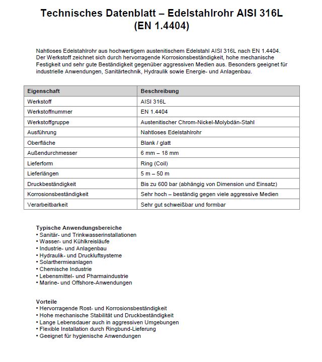 12x1mm Edelstahlrohr im Ring AISI 316L EN 1.4404 als 5m, 10m, 15m, 20m, 25m, 50m Ring
