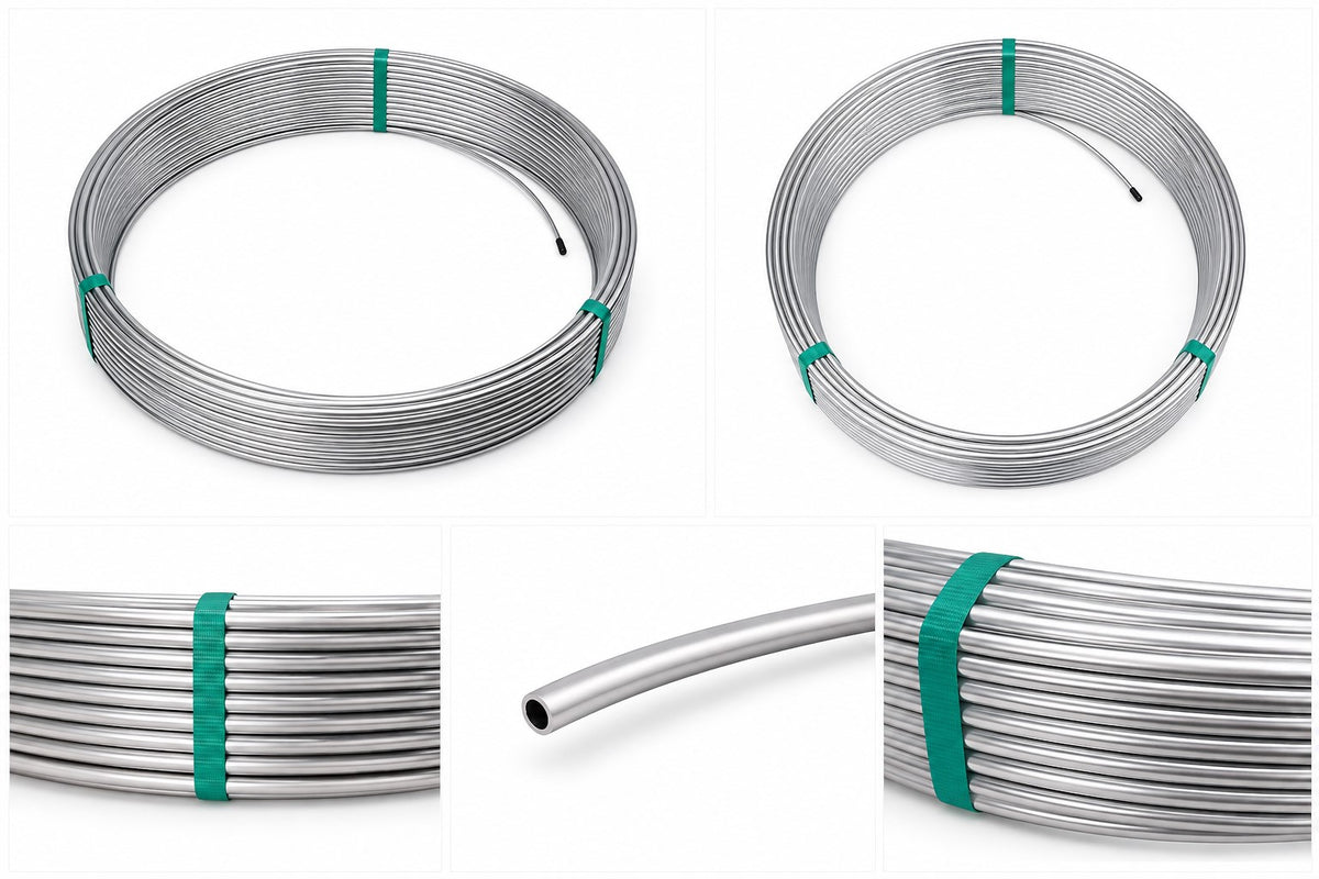 Edelstahlrohr 12x1mm AISI 316L Ringware mit Detailansicht und Größenvergleich
