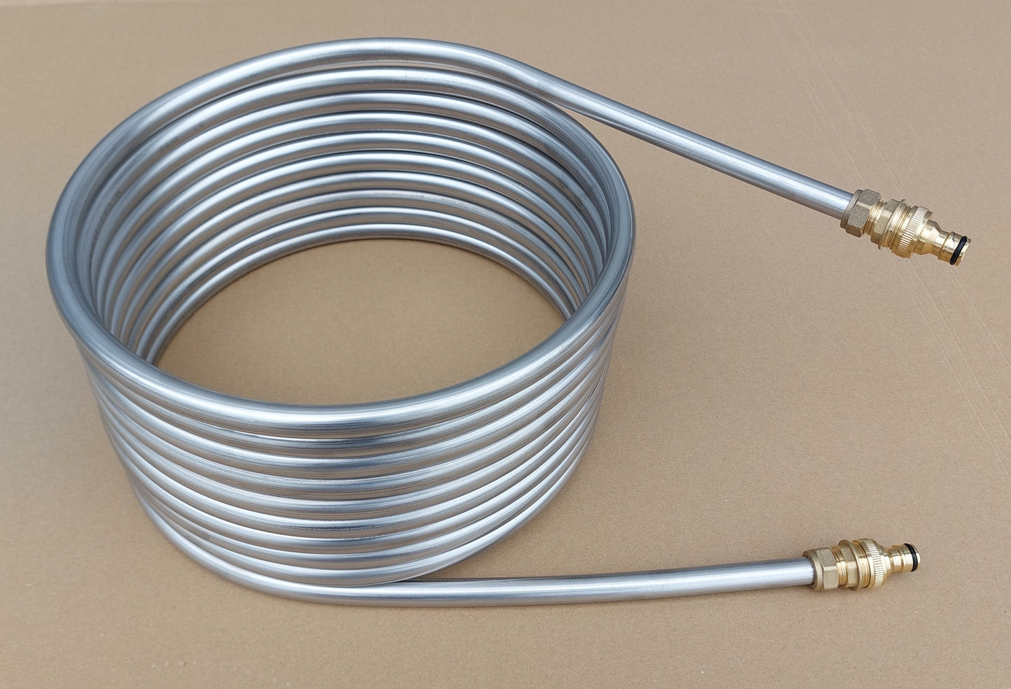 Spirale aus 5m - 25m Edelstahlrohr 18x1mm AISI 316Ti EN 1.4571 mit Außend. von ca. 32,5cm und verschiedenen Anschlüssen