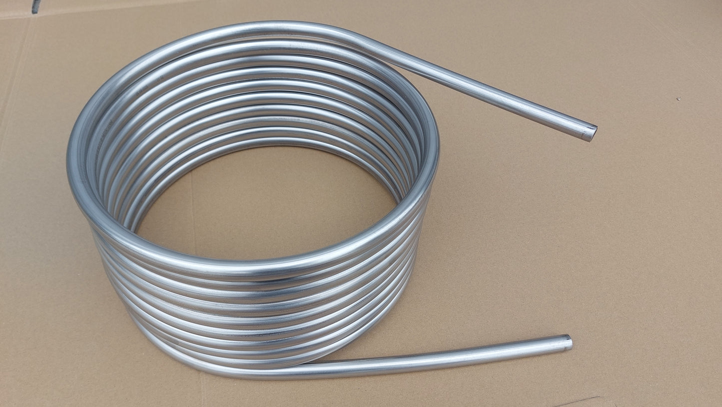 Spirale aus 5m - 25m Edelstahlrohr 18x1mm AISI 316Ti EN 1.4571 mit Außend. von ca. 32,5cm und verschiedenen Anschlüssen