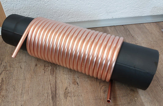 Kupferrohr-Spirale 12x1mm 15m auf Ofenrohr DN 150 – Wärmetauscher