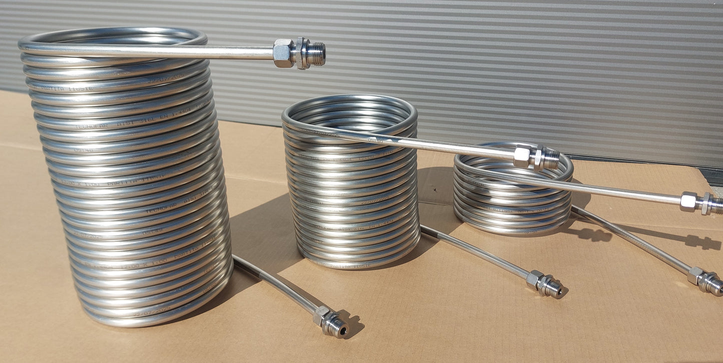 Spirale ca. 195mm Außend. aus 5m - 15m Edelstahlrohr 12x1mm AISI 316L EN 1.4404 mit 1/2" Anschluss