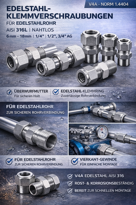 Klemmverschraubung EDELSTAHL für Edelstahlrohr 6mm - 18mm mit 1/4" 1/2" 3/4" AG Quetschverbindung, Fitting