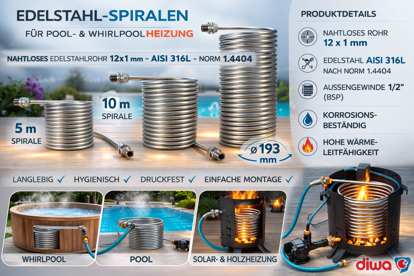 Spirale ca. 195mm Außend. aus 5m - 15m Edelstahlrohr 12x1mm AISI 316L EN 1.4404 mit 1/2" Anschluss