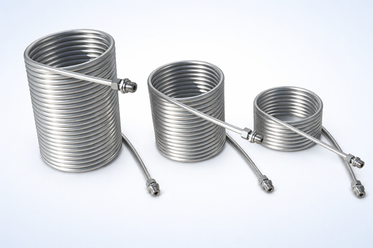 Spirale ca. 126mm Außend. aus 2,5m-15m Edelstahlrohr 12x1mm AISI 316L EN 1.4404 mit 1/2" Anschluss