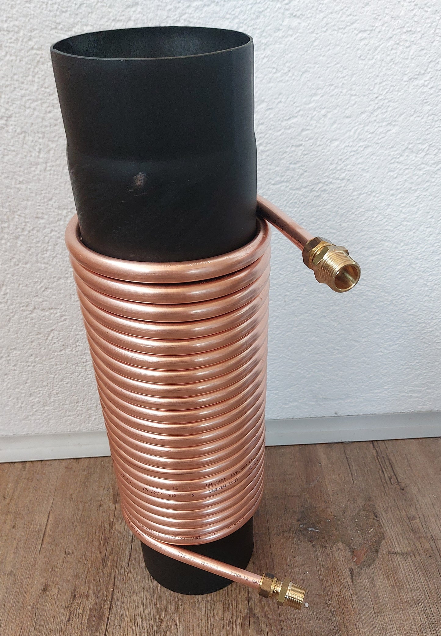 Kupferrohr-Spirale 12x1mm 10m auf Ofenrohr DN 120 – Wärmetauscher