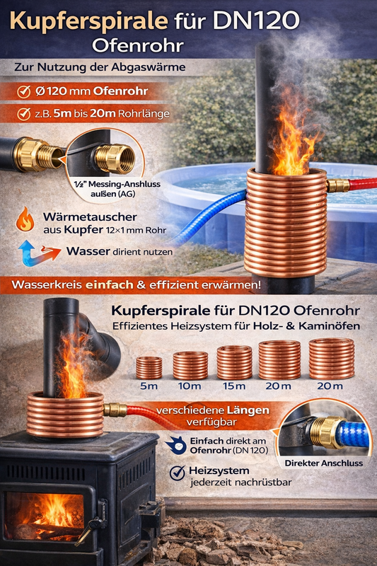 Spirale Kupferrohr 12x1mm für OFENROHR 120mm 5m - 25m Innendurchmesser ca. 124mm mit 1/2" AG Anschluss