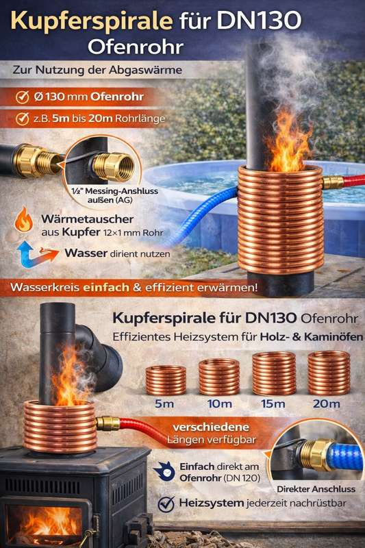 Spirale Kupferrohr 12x1mm für OFENROHR 150mm 5m - 25m Innendurchmesser ca. 154mm mit 1/2" AG Anschluss