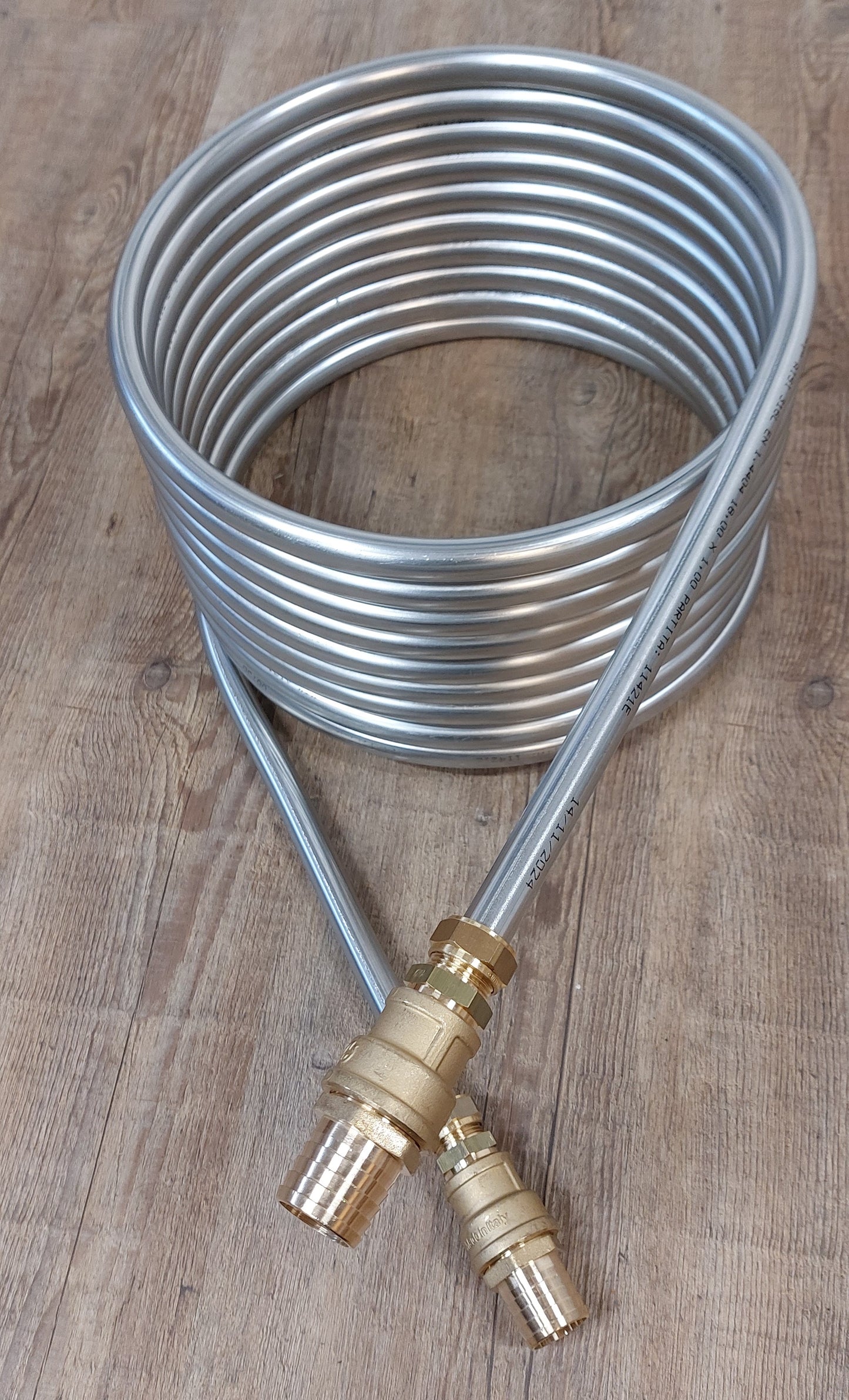 Spirale 10m Edelstahlrohr 18x1mm AISI 316L EN 1.4404 mit Außend. von ca. 32,5cm mit 32er Poolschlauch Anschluss