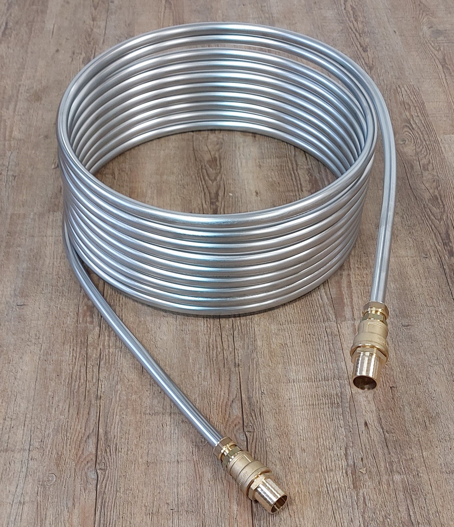 Spirale 15m Edelstahlrohr 18x1mm AISI 316L EN 1.4404 mit Außend. von ca. 46,5cm mit 32er Poolschlauch Anschluss