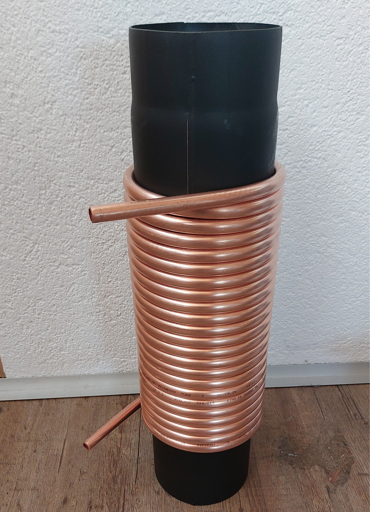 Kupferrohr-Spirale 12x1mm 10m auf Ofenrohr DN 120 – Wärmetauscher