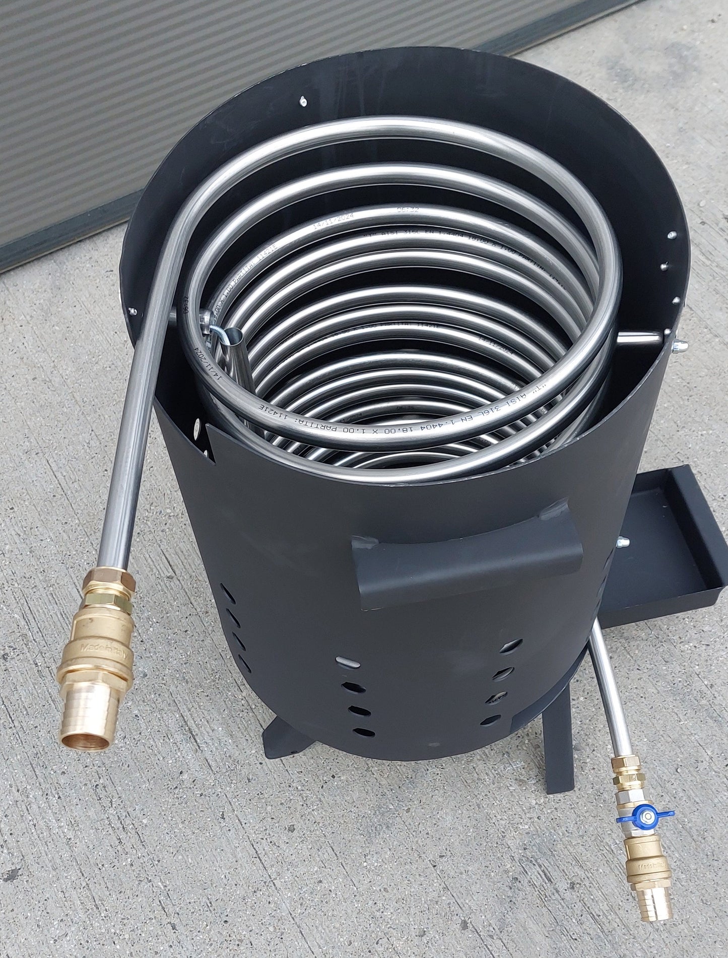 Poolheizung Feuertonne mit 15m Spirale Edelstahlrohr 18x1mm AISI 316Ti mit 32mm Poolschlauch ANSCHLUSS inkl. DECKEL (Kopie)