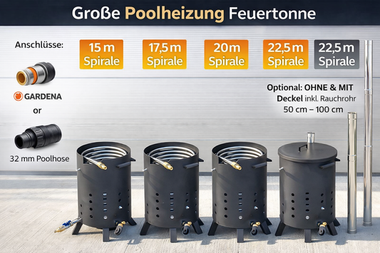 Poolheizung Feuertonne mit 15m - 22,5m Spirale Edelstahlrohr 18x1mm AISI 316L Varianten
