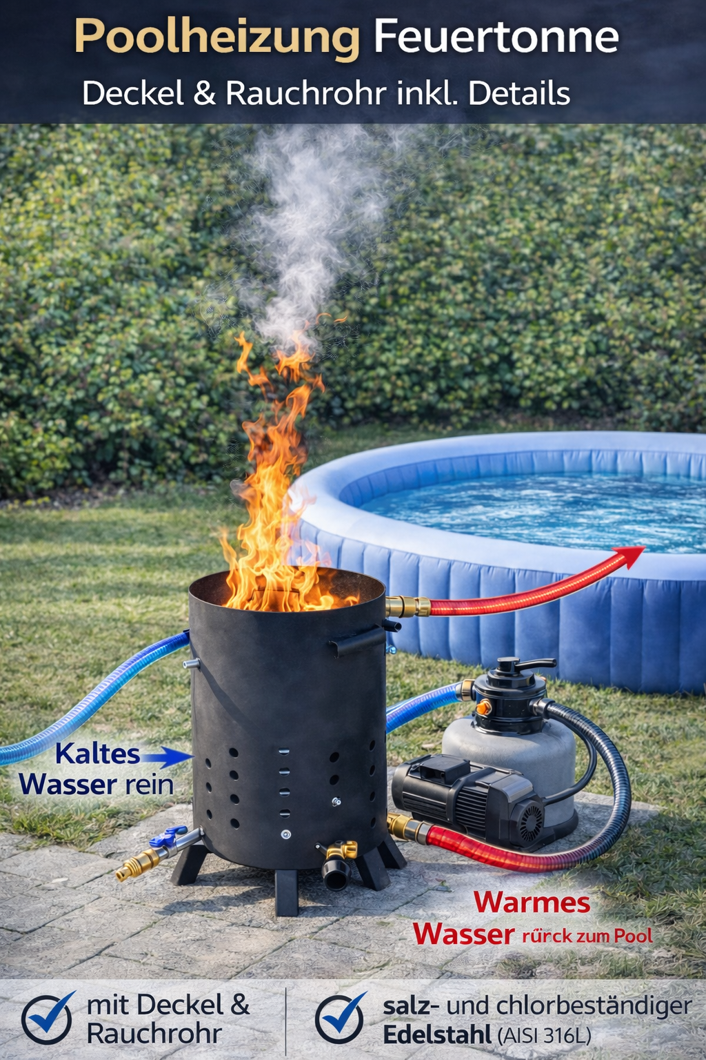 Poolheizung Feuertonne mit 15m - 22,5m Spirale Edelstahlrohr 18x1mm AISI 316L Varianten