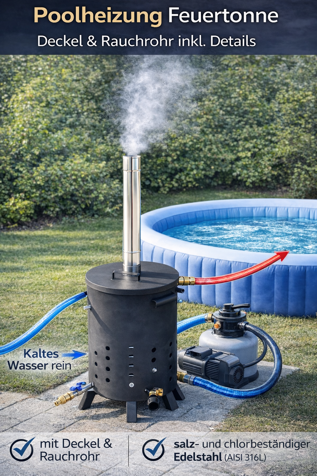 Poolheizung Feuertonne mit 15m - 22,5m Spirale Edelstahlrohr 18x1mm AISI 316L Varianten