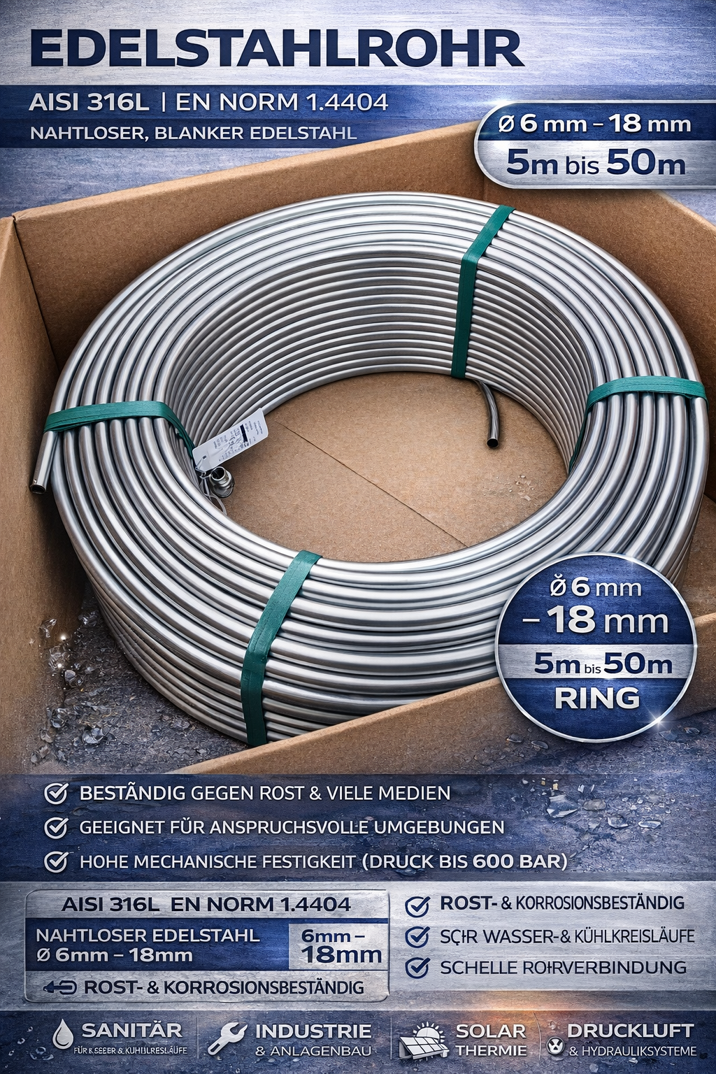 6x1mm Edelstahlrohr im Ring AISI 316L EN 1.4404 als 5m, 10m, 15m, 20m, 25m, 50m Ring