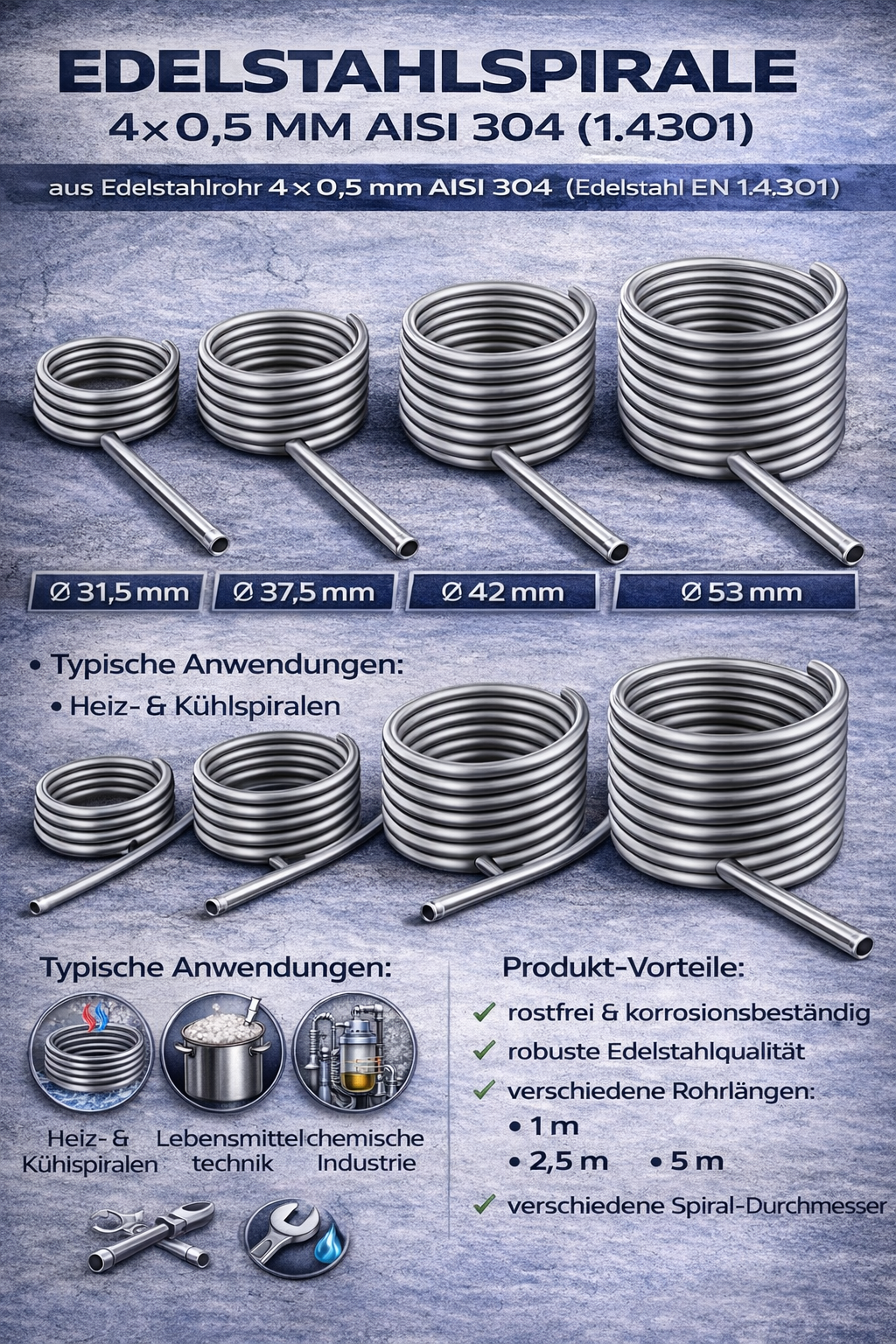 Spirale aus 1m - 5m Edelstahlrohr 4x0,5mm AISI 304 EN 1.4301 Verschiedene Durchmesser