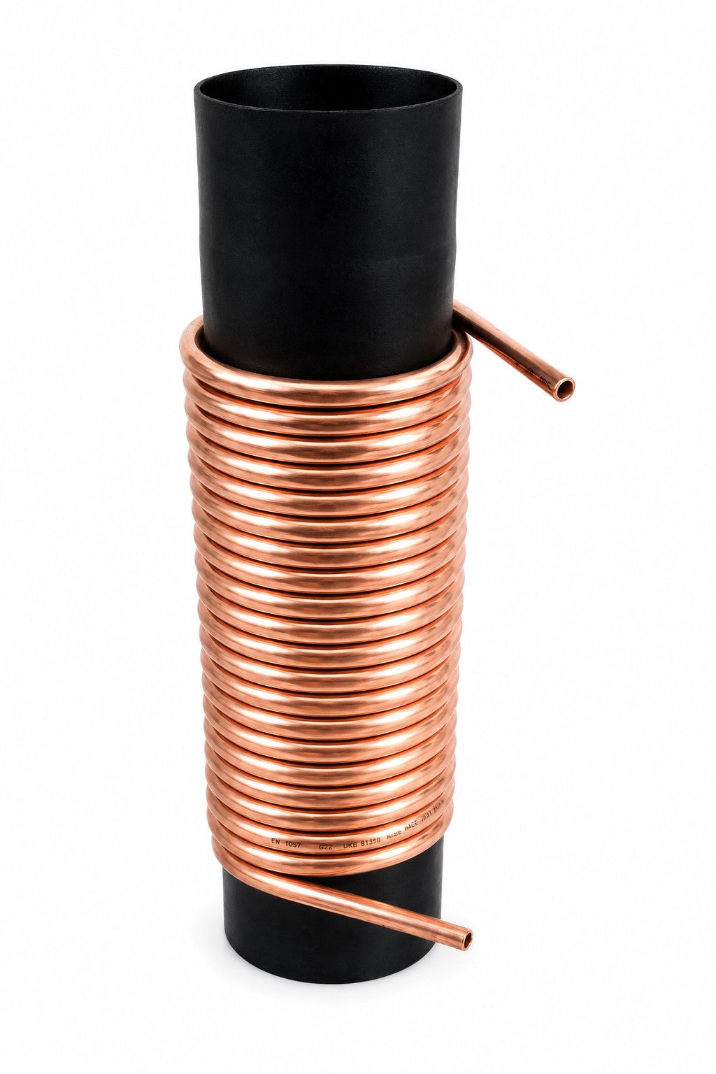 Kupferrohr-Spirale 12x1mm 10m auf Ofenrohr DN 120 – Wärmetauscher