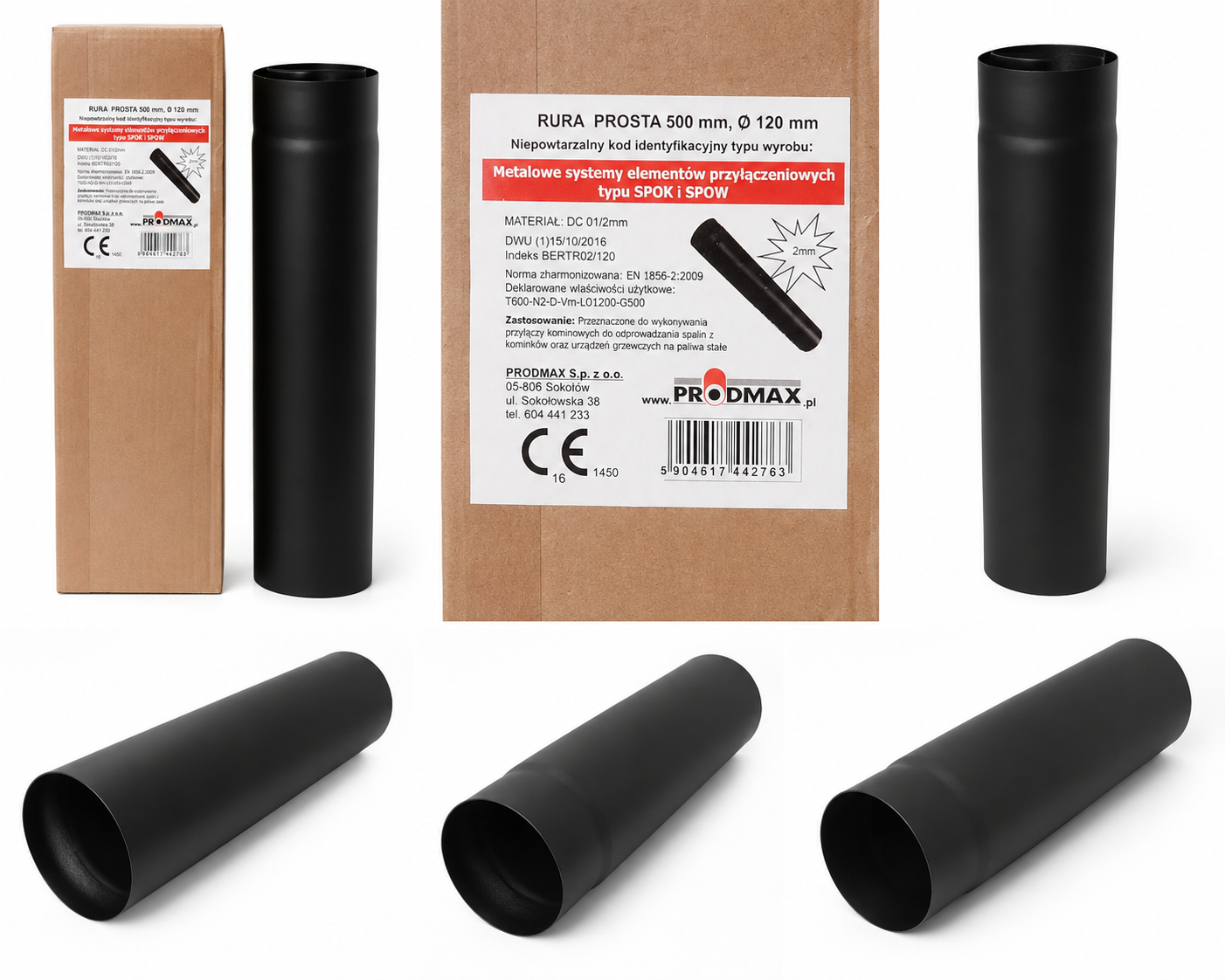 Ofenrohr DN 120 aus 2 mm Stahl, 500 mm, schwarz mit Verpackung und verschiedenen Produktansichten