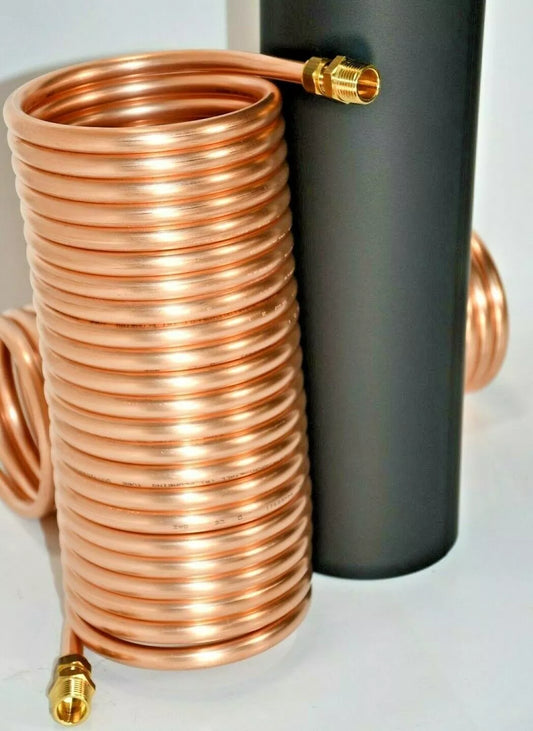 Spirale Kupferrohr 12x1mm für OFENROHR 130mm 5m - 25m Innendurchmesser ca. 134mm mit 1/2" AG Anschluss